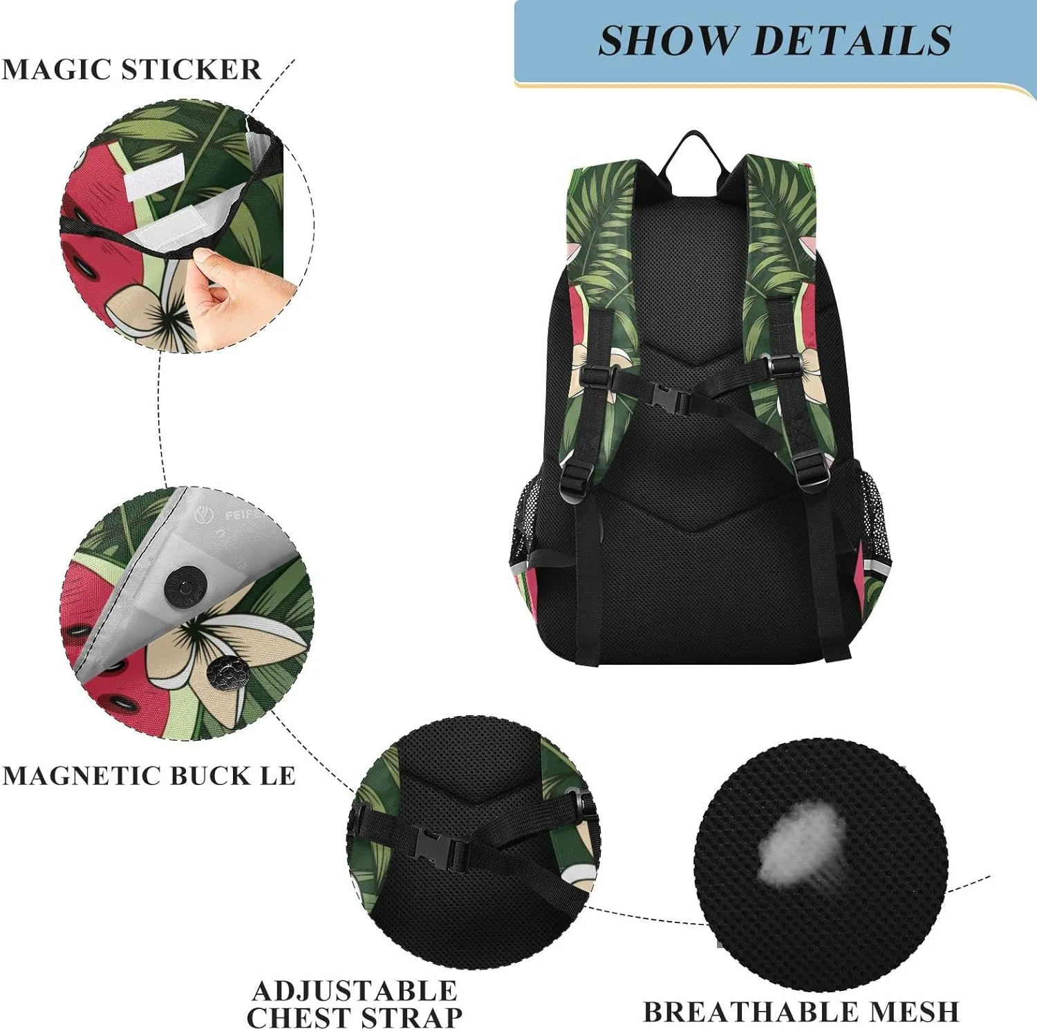 ALAZA Sliced Watermelon Palm Leave Plumerias Casual Backpack Travel Daypack Bookbag