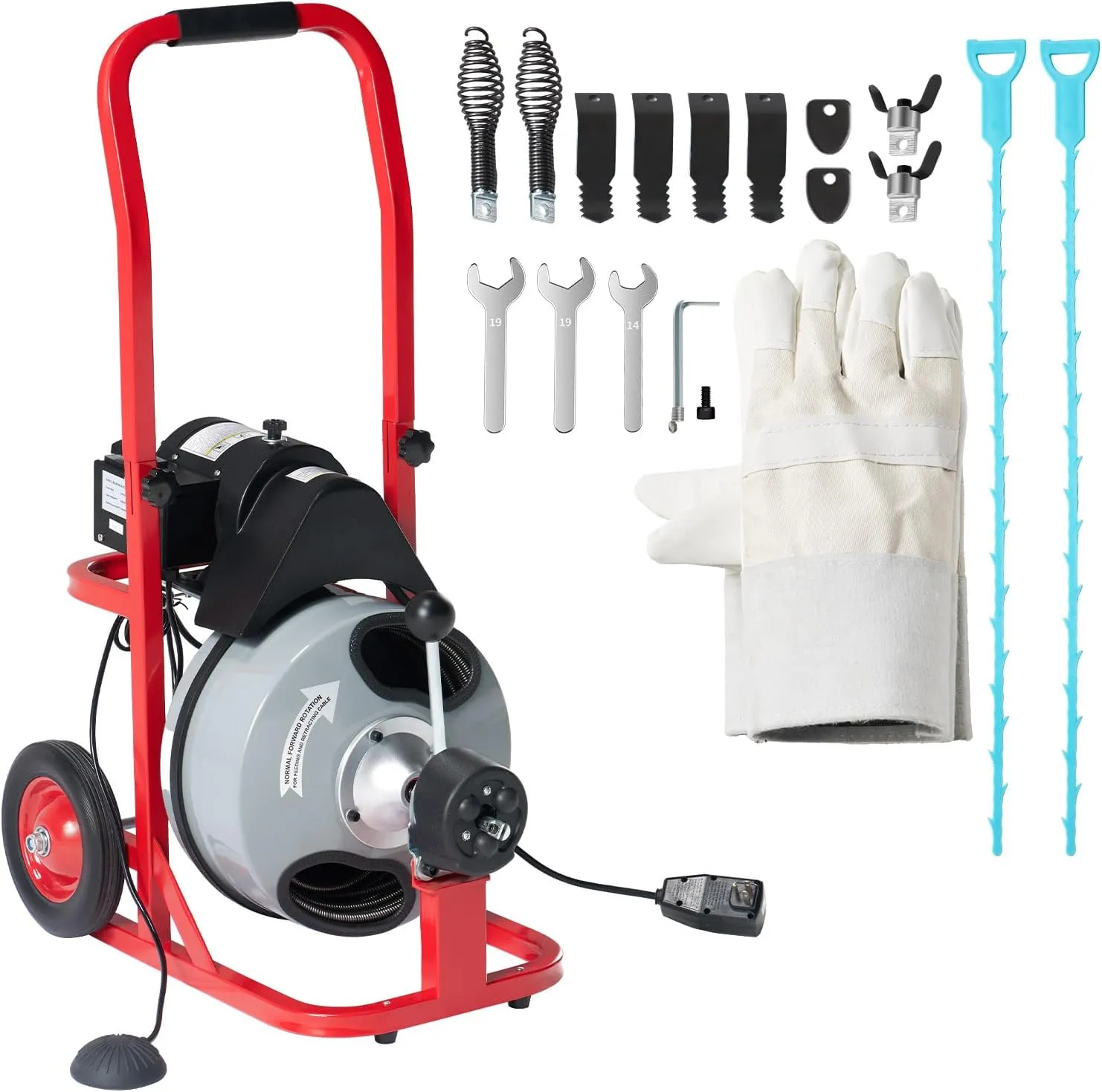 Albott 75 FT x 3/8 inch Auto Feed Drain Cleaner Machine, Electric Sewer Snake Auger with 10 Cutters & Air-activated Foot Switch for 1 to 4 Inch Pipes, Grey/Red