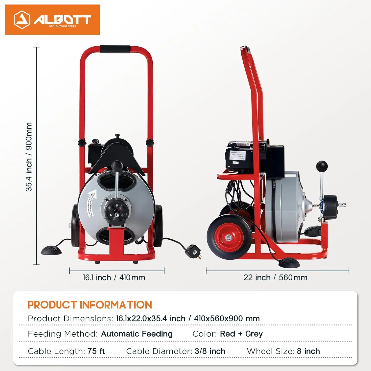 Albott 75 FT x 3/8 inch Auto Feed Drain Cleaner Machine, Electric Sewer Snake Auger with 10 Cutters & Air-activated Foot Switch for 1 to 4 Inch Pipes, Grey/Red