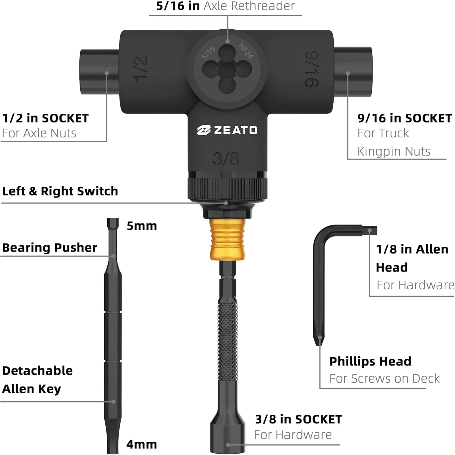 All-in-One Skate Tools Multi-Function Portable Skateboard T Tool Accessory with T-Type Allen Key and L-Type Phillips Head Wrench Screwdriver