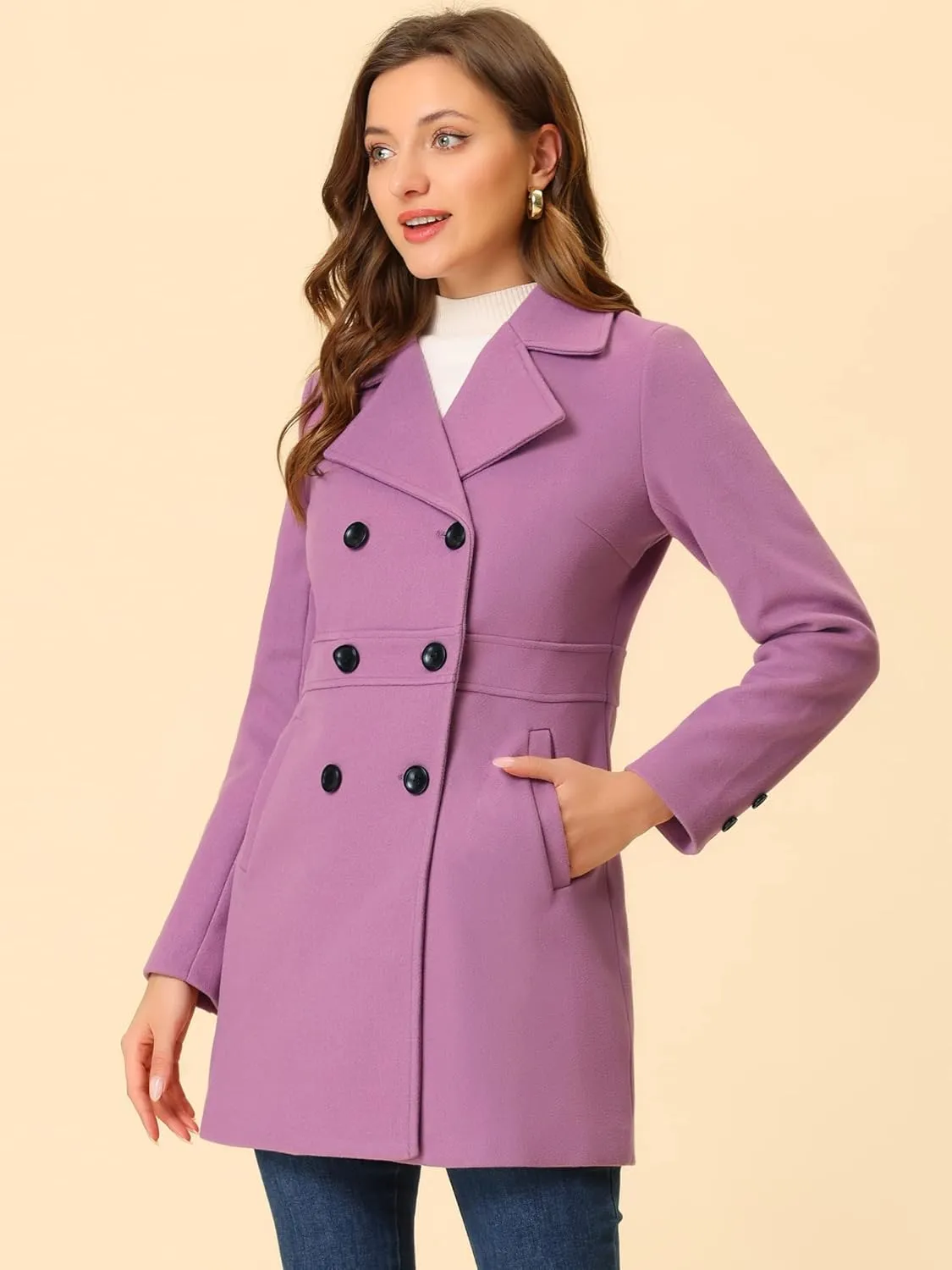 Allegra K Women's 2024 Winter Outerwear Mid-Long Double Breasted Pea Coat