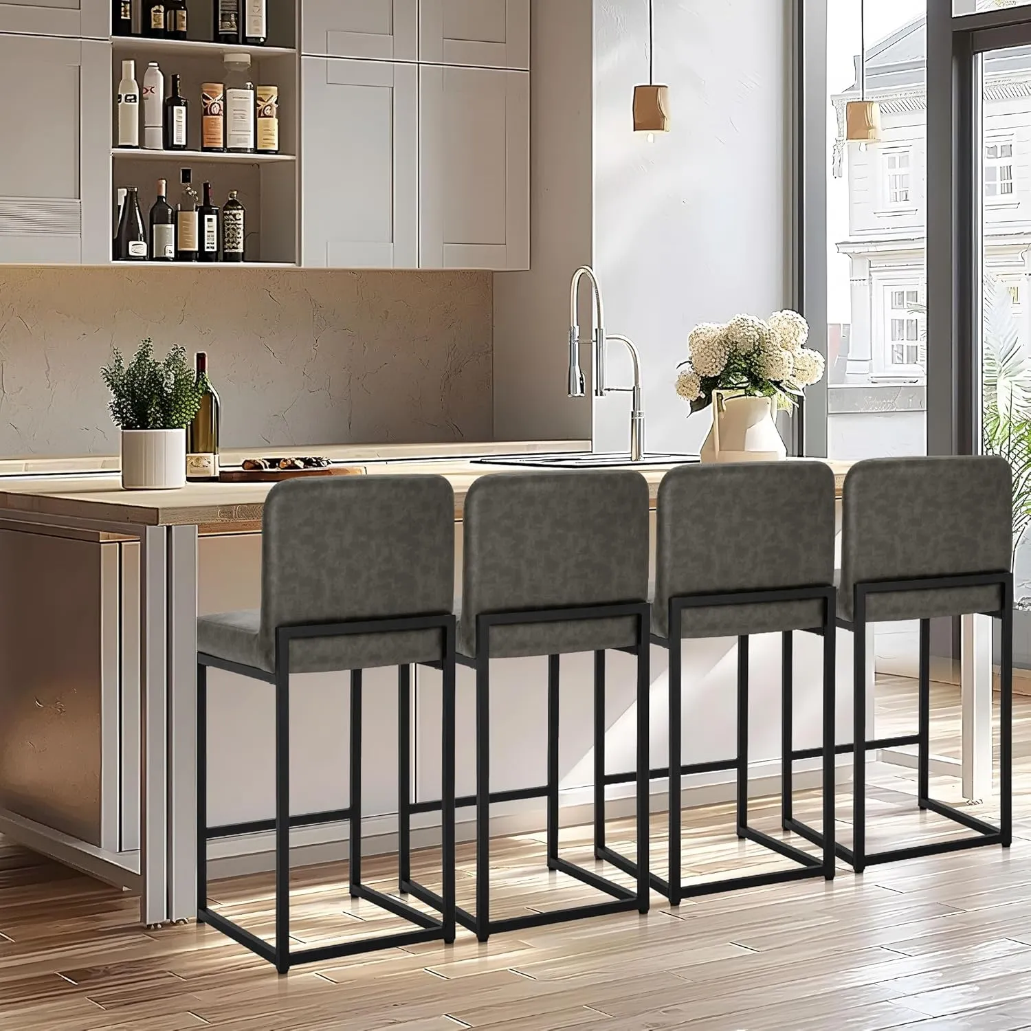 ALPHA HOME 24 Inch Bar Stools Set of 1 Counter Height Bar Stool Pu Leather Kitchen Modern Bar Stools with Backrest Upholstered Footrest Sturdy Chromed Metal Steel Frame, Grey