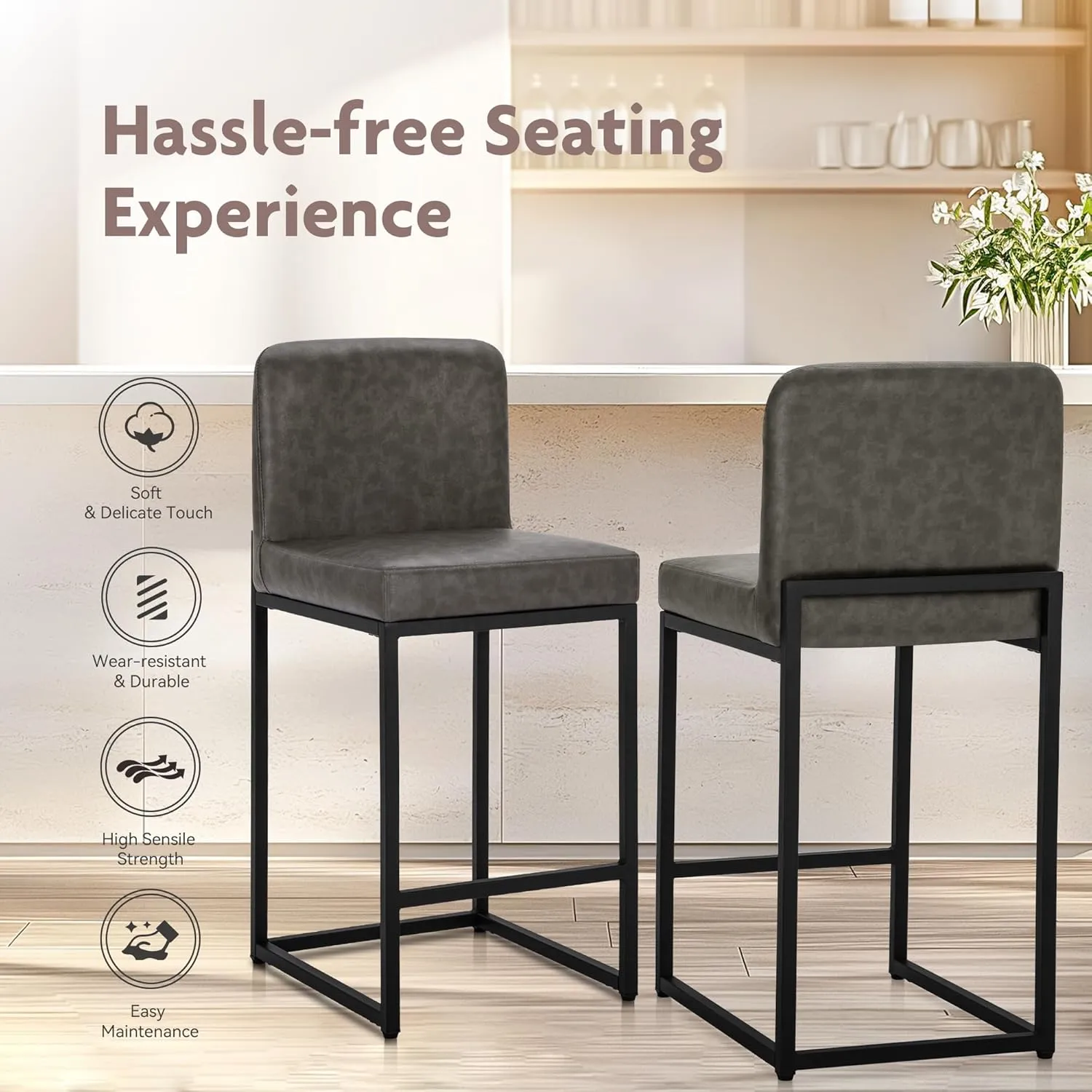 ALPHA HOME 24 Inch Bar Stools Set of 1 Counter Height Bar Stool Pu Leather Kitchen Modern Bar Stools with Backrest Upholstered Footrest Sturdy Chromed Metal Steel Frame, Grey
