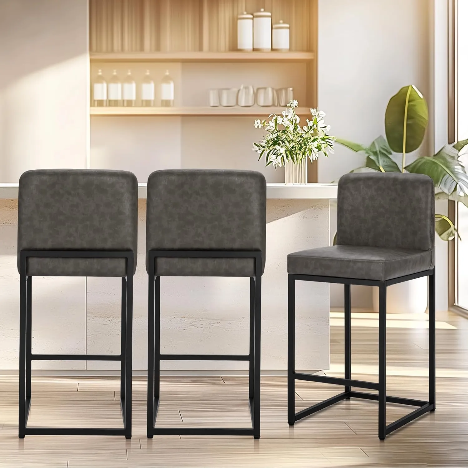 ALPHA HOME 24 Inch Bar Stools Set of 1 Counter Height Bar Stool Pu Leather Kitchen Modern Bar Stools with Backrest Upholstered Footrest Sturdy Chromed Metal Steel Frame, Grey