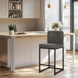 ALPHA HOME 24 Inch Bar Stools Set of 1 Counter Height Bar Stool Pu Leather Kitchen Modern Bar Stools with Backrest Upholstered Footrest Sturdy Chromed Metal Steel Frame, Grey