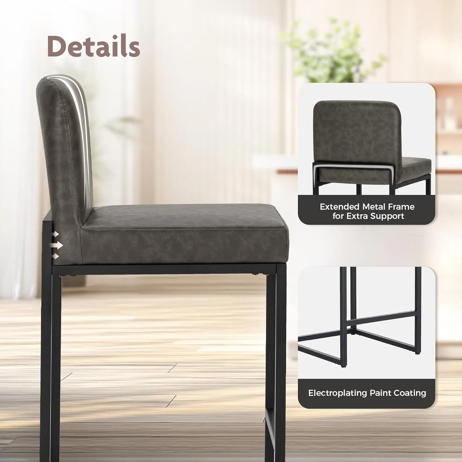 ALPHA HOME 24 Inch Bar Stools Set of 1 Counter Height Bar Stool Pu Leather Kitchen Modern Bar Stools with Backrest Upholstered Footrest Sturdy Chromed Metal Steel Frame, Grey