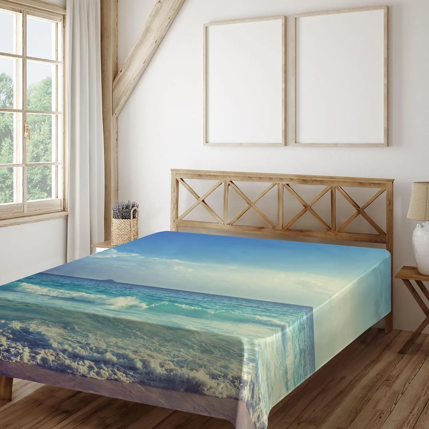Ambesonne Ocean Flat Sheet, Tropical Island Paradise Beach at Sunset Time Waves and The Misty Sea Image, Soft and Comfortable Top Sheet Decorative Bedding 1 Piece, Full Size, Turquoise Cream