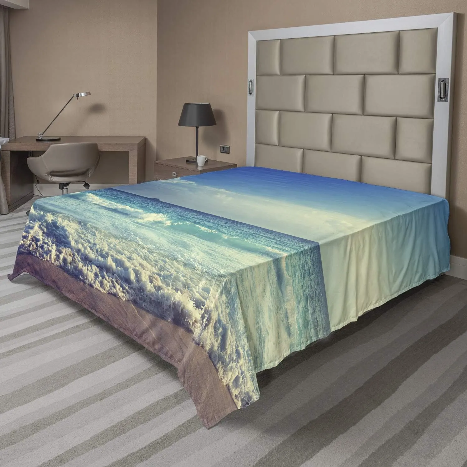 Ambesonne Ocean Flat Sheet, Tropical Island Paradise Beach at Sunset Time Waves and The Misty Sea Image, Soft and Comfortable Top Sheet Decorative Bedding 1 Piece, Full Size, Turquoise Cream