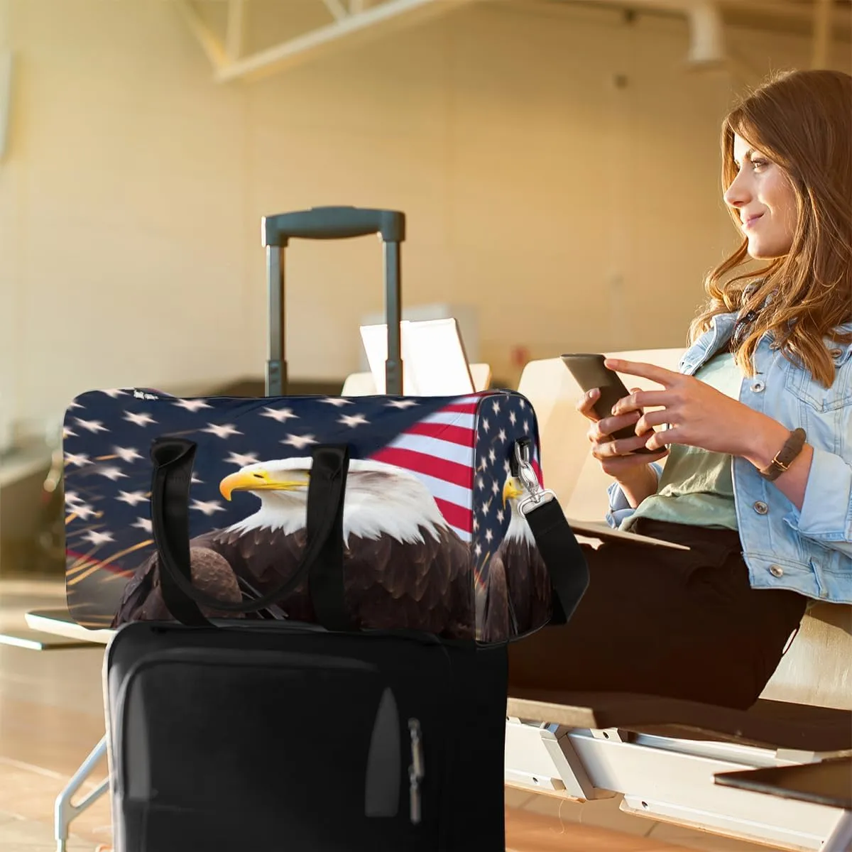 American Flag Eagles Travel Duffle Bag, Sports Gym Bags for Women Men, Carry On Weekender Overnight Bag, 4th of July Workout Hospital Airplane Trips Bag