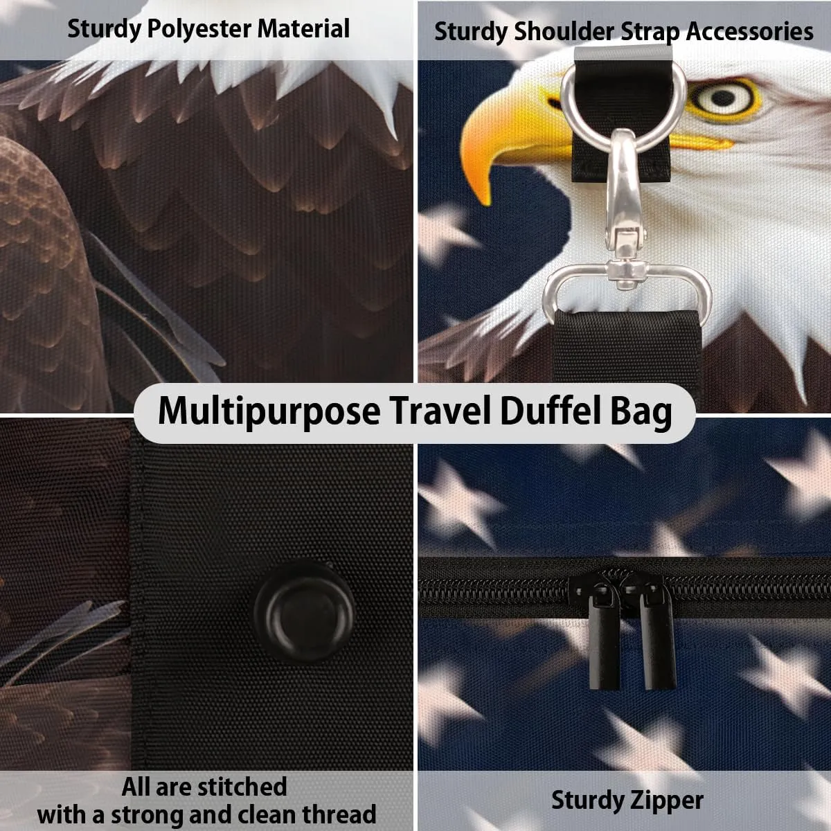 American Flag Eagles Travel Duffle Bag, Sports Gym Bags for Women Men, Carry On Weekender Overnight Bag, 4th of July Workout Hospital Airplane Trips Bag