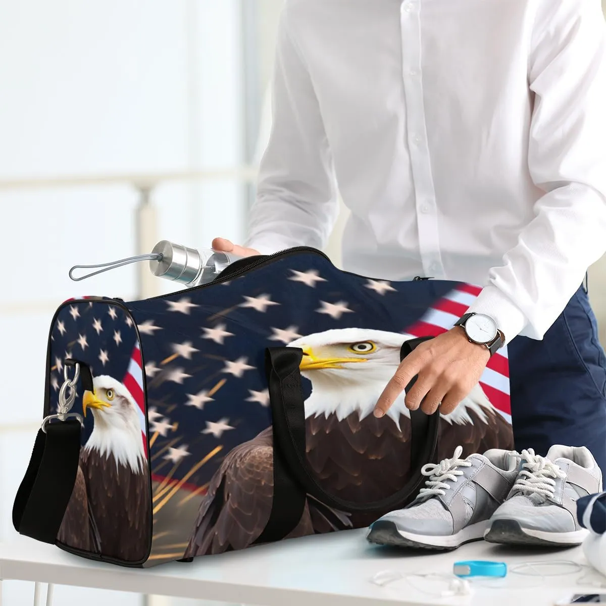 American Flag Eagles Travel Duffle Bag, Sports Gym Bags for Women Men, Carry On Weekender Overnight Bag, 4th of July Workout Hospital Airplane Trips Bag