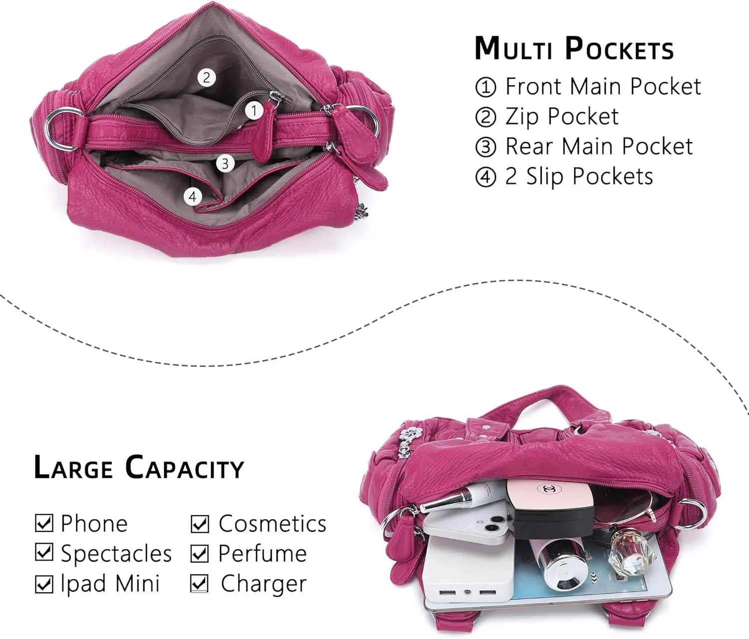 Angel Kiss Purses for Women Small Hobo Shoulder Bags Vagen Leather Multi-Pocket Tote Bag with Zipper