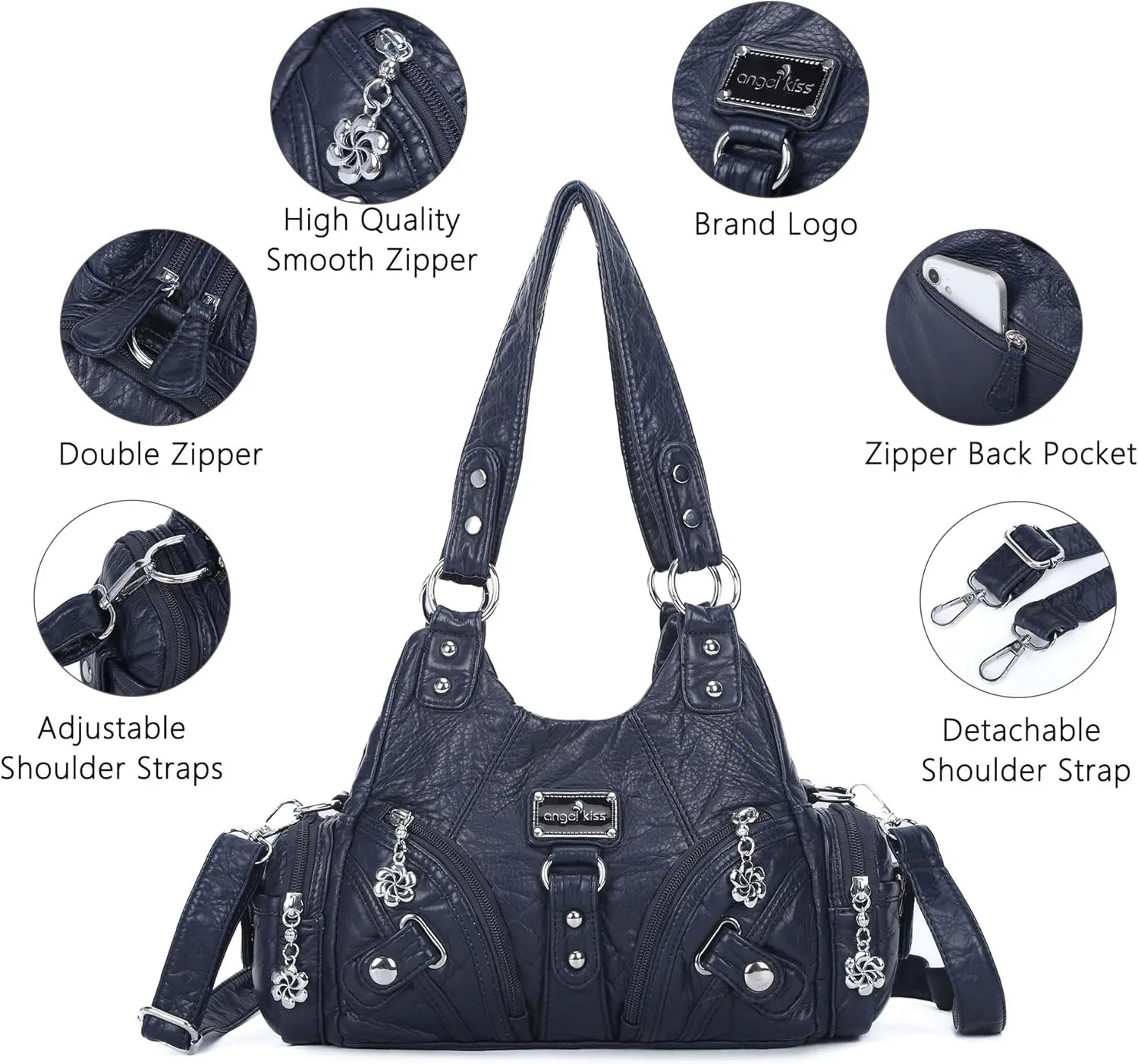 Angel Kiss Purses for Women Small Hobo Shoulder Bags Vagen Leather Multi-Pocket Tote Bag with Zipper
