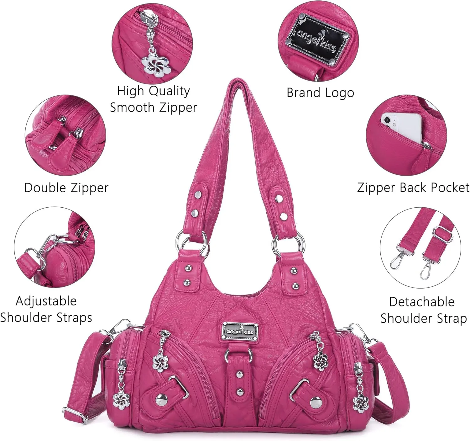 Angel Kiss Purses for Women Small Hobo Shoulder Bags Vagen Leather Multi-Pocket Tote Bag with Zipper