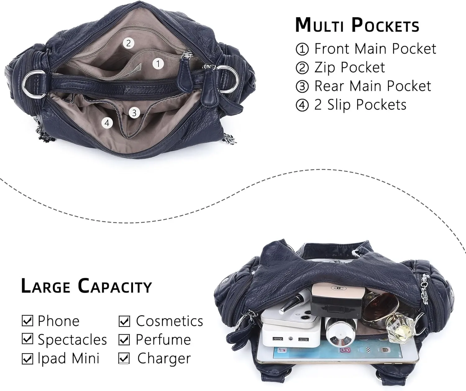 Angel Kiss Purses for Women Small Hobo Shoulder Bags Vagen Leather Multi-Pocket Tote Bag with Zipper