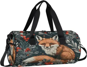 Animal Fox Berries Travel Gym Bag Waterproof Sport Dance Bag for Women Men Portable Gymnastics Duffel Bags Canvas Tote Carry on Handbag for Workout Overnight Weekender