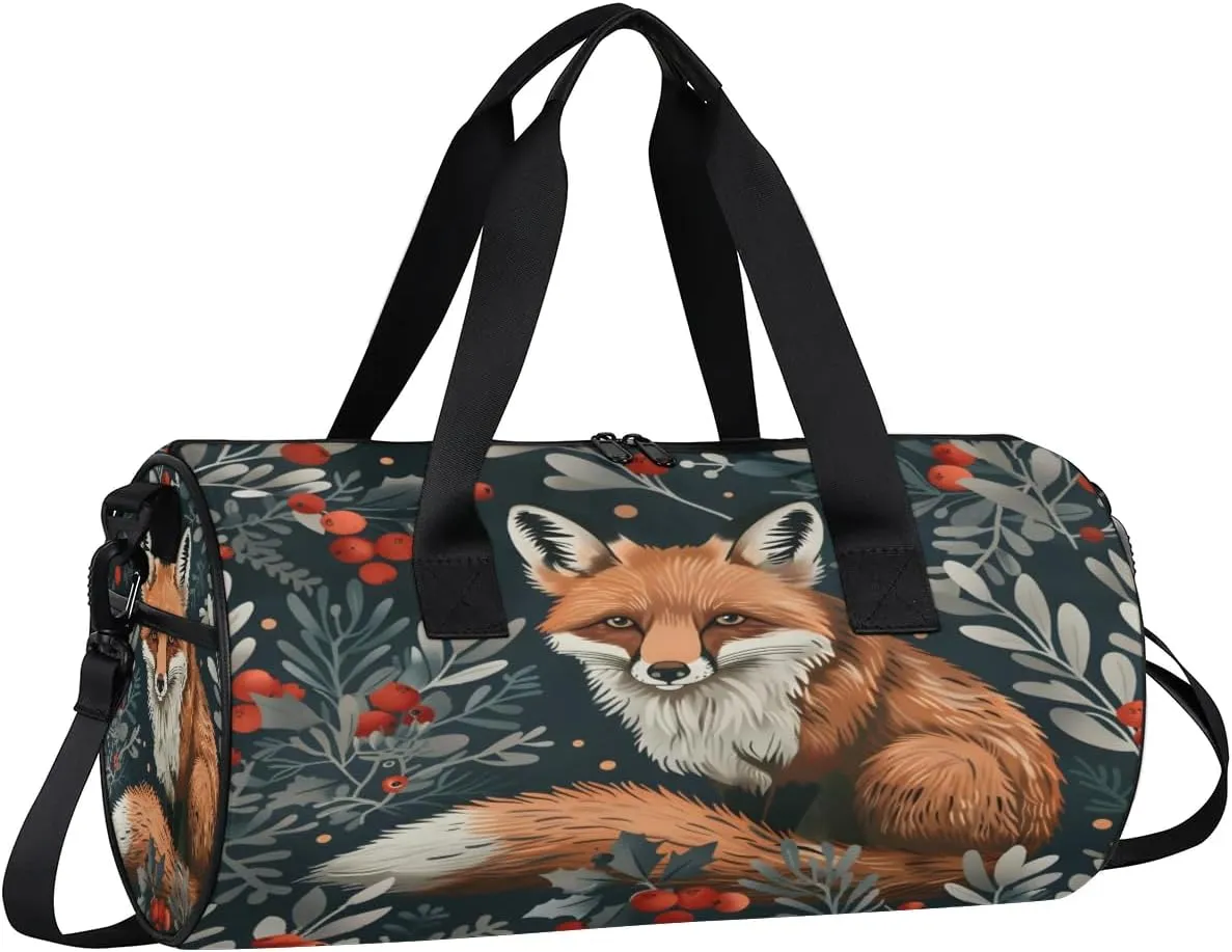Animal Fox Berries Travel Gym Bag Waterproof Sport Dance Bag for Women Men Portable Gymnastics Duffel Bags Canvas Tote Carry on Handbag for Workout Overnight Weekender