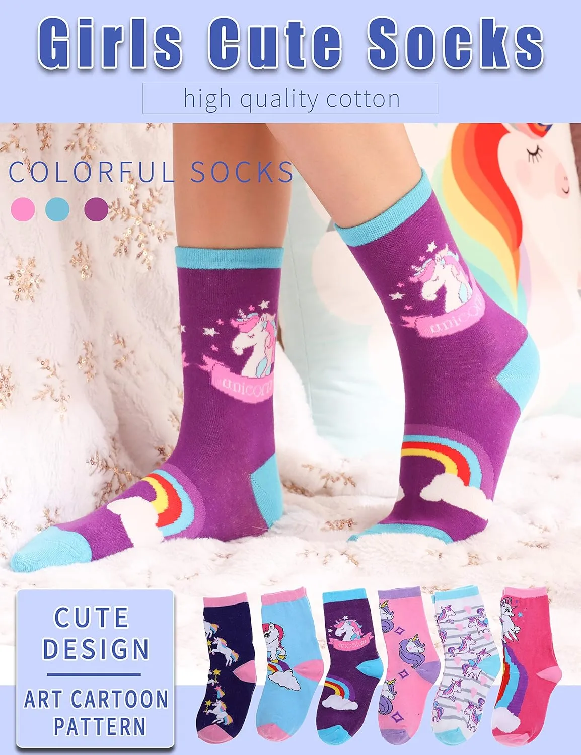 Anlisim Girls Socks Cute Animal Pattern Cartoon Novelty Fashion Soft Cotton Socks 6 Pack