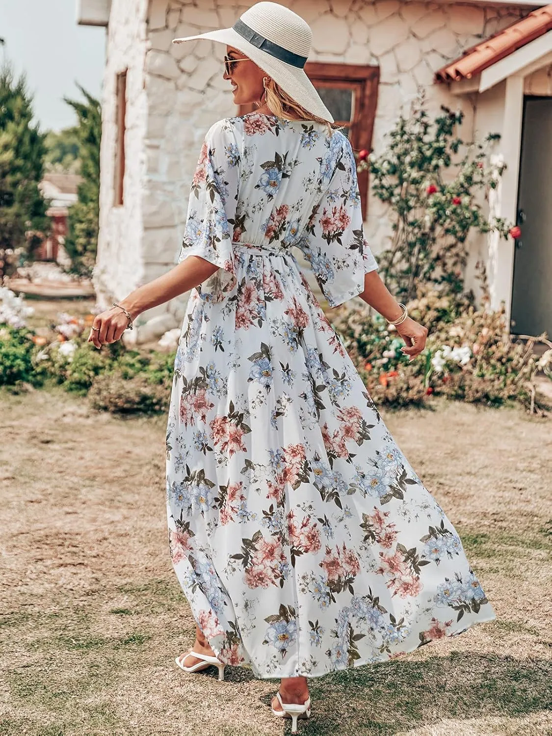 ANRABESS Women’s Summer Loose Boho Flowy Wrap V Neck 3/4 Sleeve Floral Print Slit Beach Wedding Guest Long Maxi Dresses