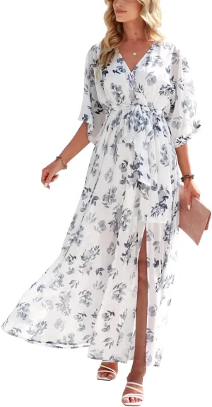ANRABESS Women’s Summer Loose Boho Flowy Wrap V Neck 3/4 Sleeve Floral Print Slit Beach Wedding Guest Long Maxi Dresses