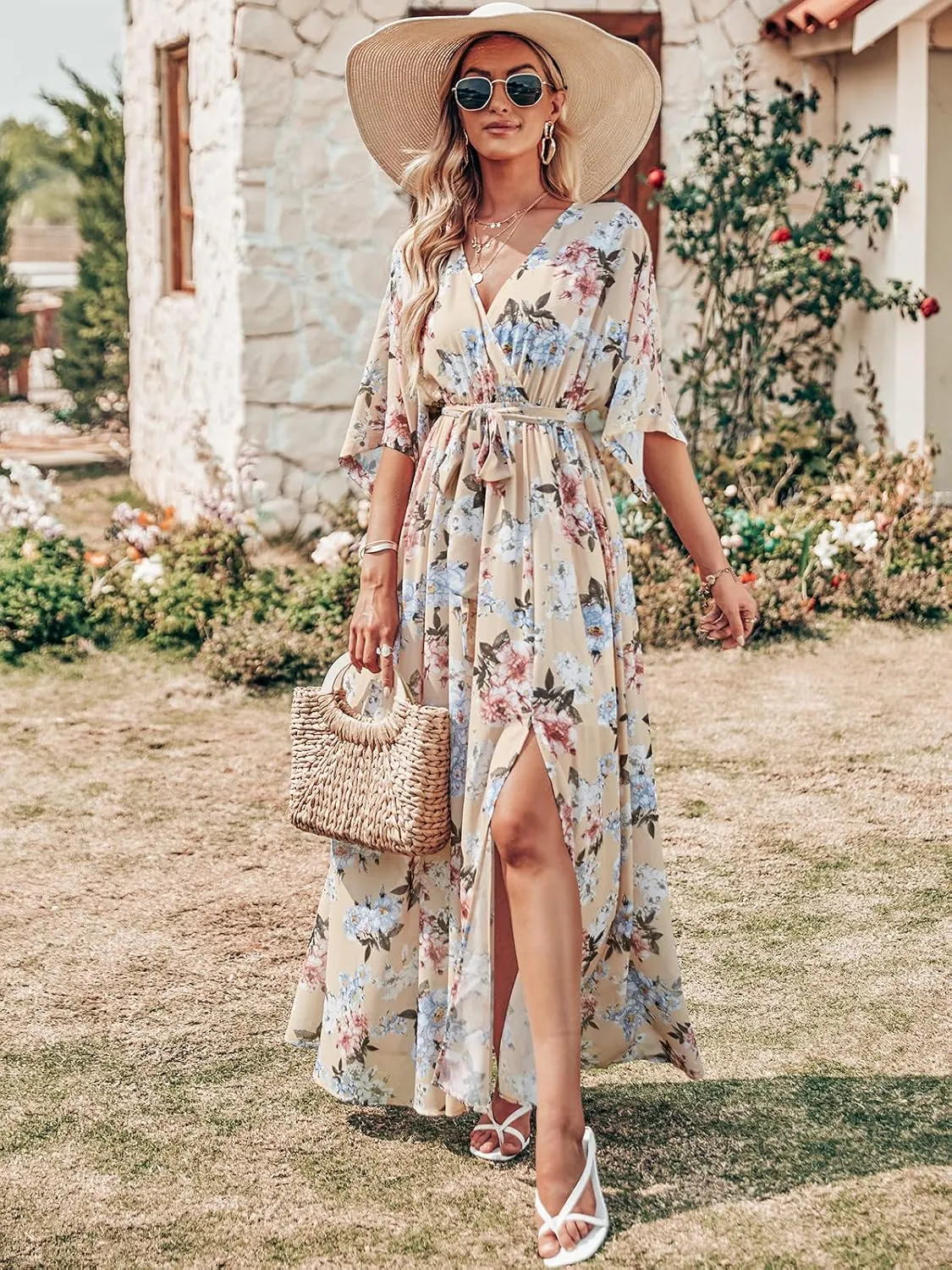 ANRABESS Women’s Summer Loose Boho Flowy Wrap V Neck 3/4 Sleeve Floral Print Slit Beach Wedding Guest Long Maxi Dresses