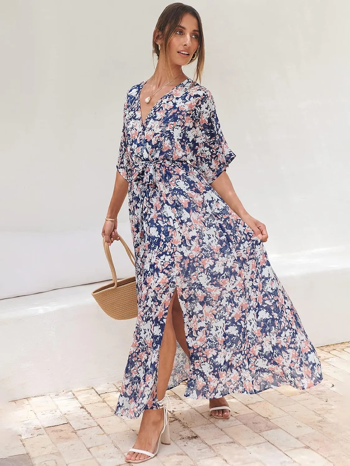 ANRABESS Women’s Summer Loose Boho Flowy Wrap V Neck 3/4 Sleeve Floral Print Slit Beach Wedding Guest Long Maxi Dresses
