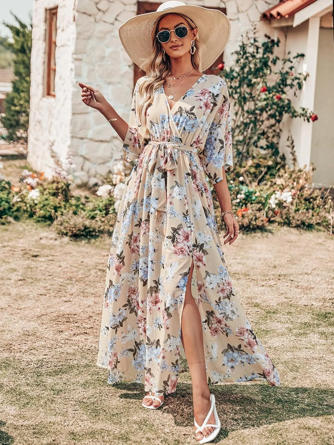 ANRABESS Women’s Summer Loose Boho Flowy Wrap V Neck 3/4 Sleeve Floral Print Slit Beach Wedding Guest Long Maxi Dresses