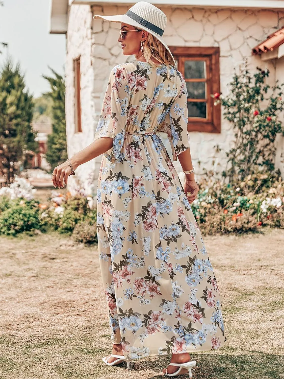 ANRABESS Women’s Summer Loose Boho Flowy Wrap V Neck 3/4 Sleeve Floral Print Slit Beach Wedding Guest Long Maxi Dresses