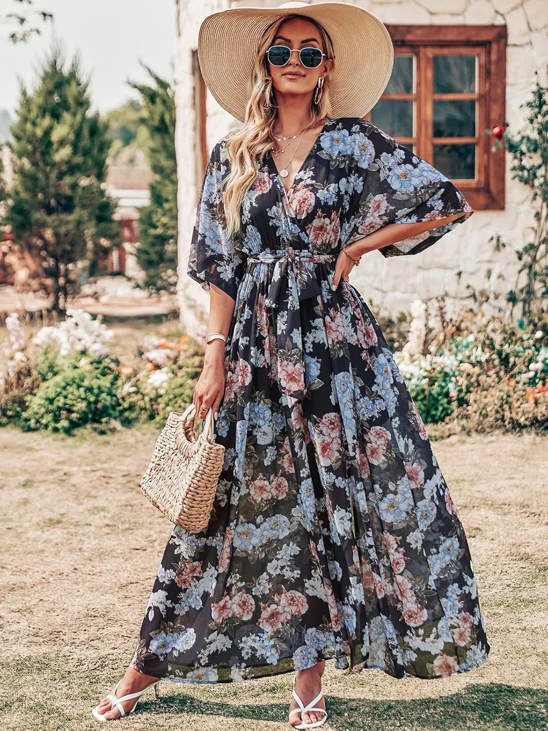 ANRABESS Women’s Summer Loose Boho Flowy Wrap V Neck 3/4 Sleeve Floral Print Slit Beach Wedding Guest Long Maxi Dresses