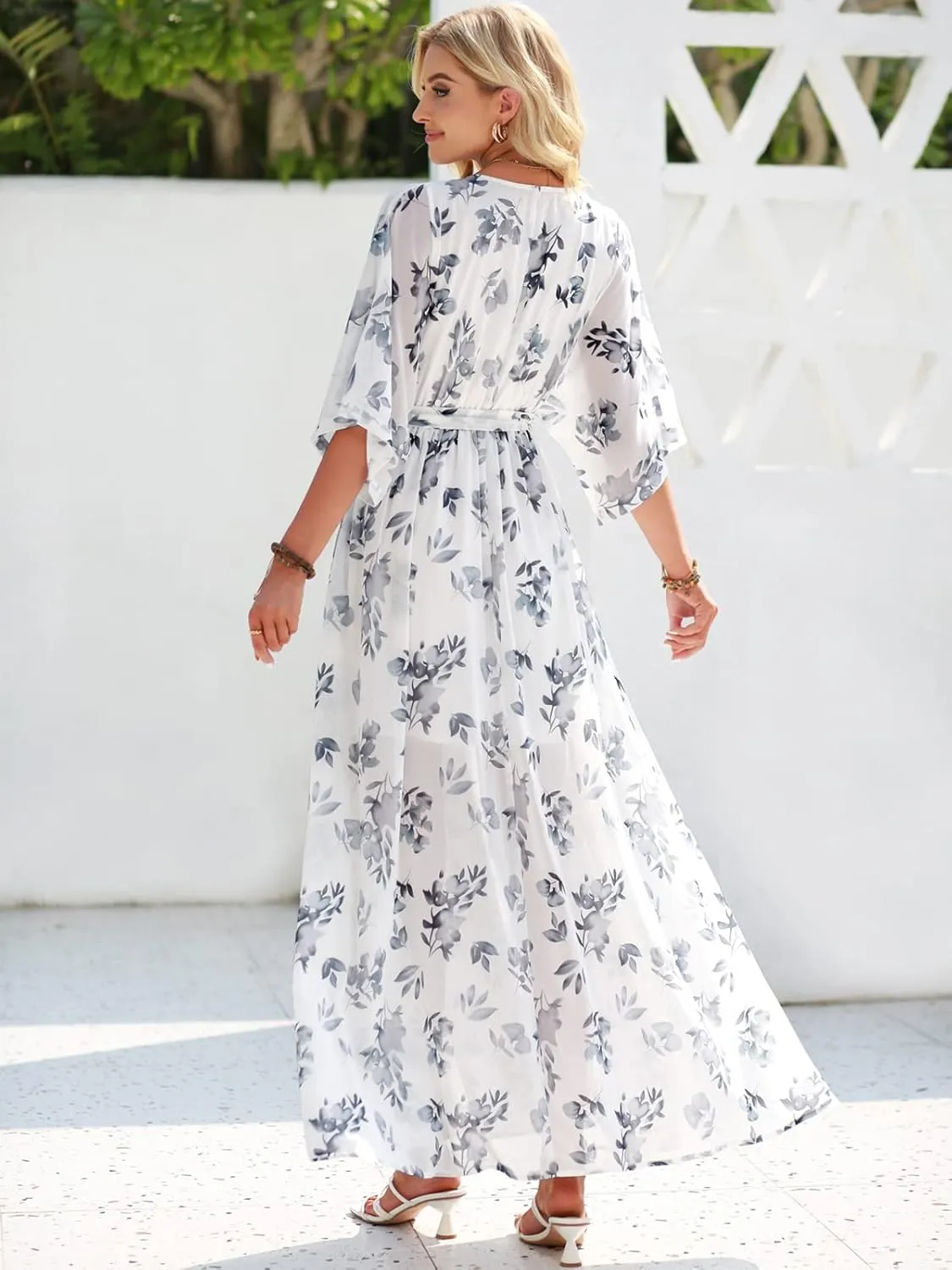 ANRABESS Women’s Summer Loose Boho Flowy Wrap V Neck 3/4 Sleeve Floral Print Slit Beach Wedding Guest Long Maxi Dresses