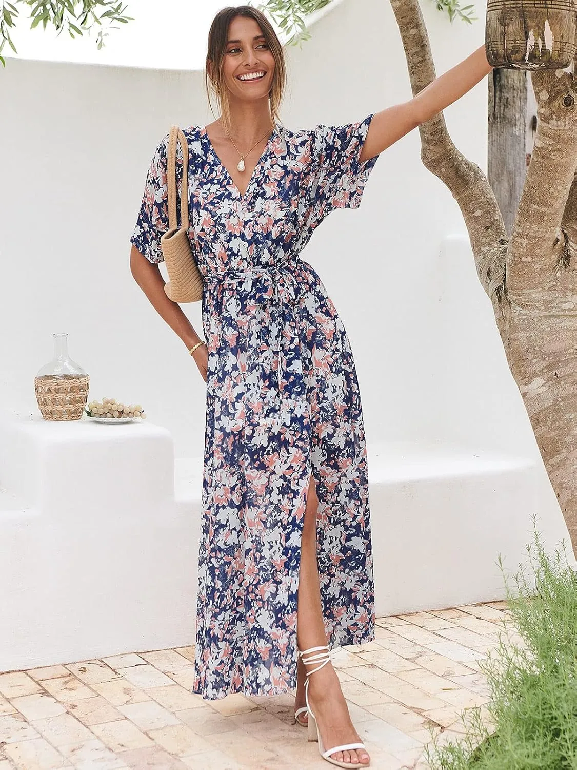 ANRABESS Women’s Summer Loose Boho Flowy Wrap V Neck 3/4 Sleeve Floral Print Slit Beach Wedding Guest Long Maxi Dresses