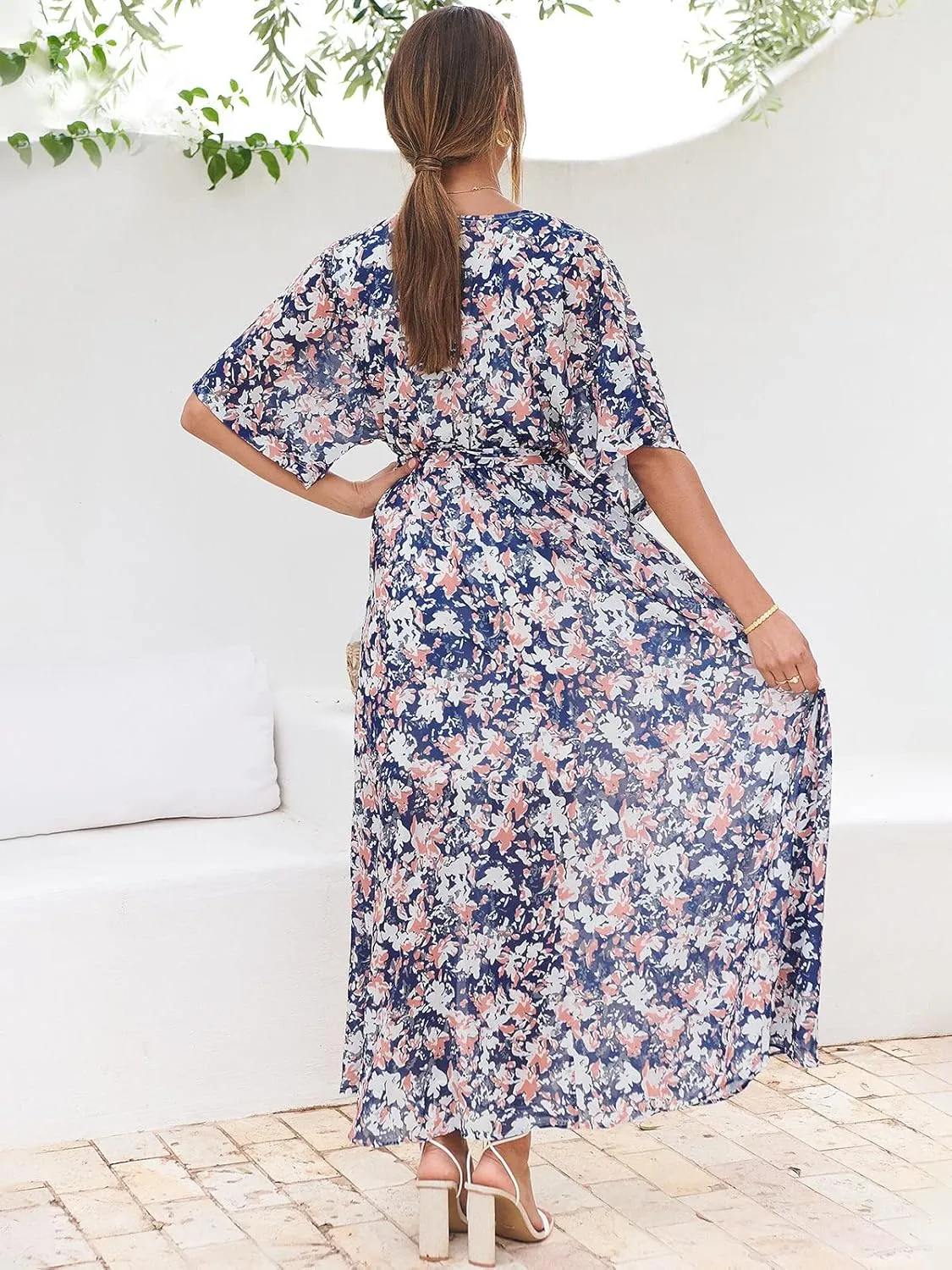 ANRABESS Women’s Summer Loose Boho Flowy Wrap V Neck 3/4 Sleeve Floral Print Slit Beach Wedding Guest Long Maxi Dresses