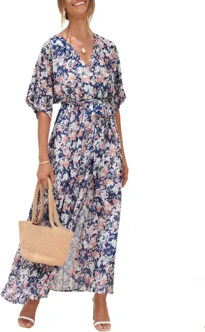 ANRABESS Women’s Summer Loose Boho Flowy Wrap V Neck 3/4 Sleeve Floral Print Slit Beach Wedding Guest Long Maxi Dresses