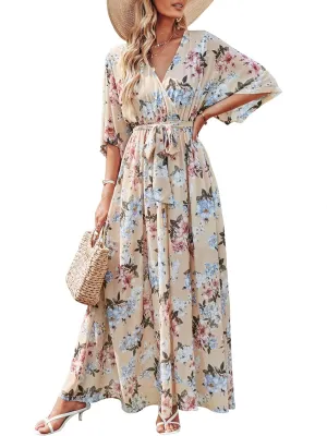 ANRABESS Women’s Summer Loose Boho Flowy Wrap V Neck 3/4 Sleeve Floral Print Slit Beach Wedding Guest Long Maxi Dresses