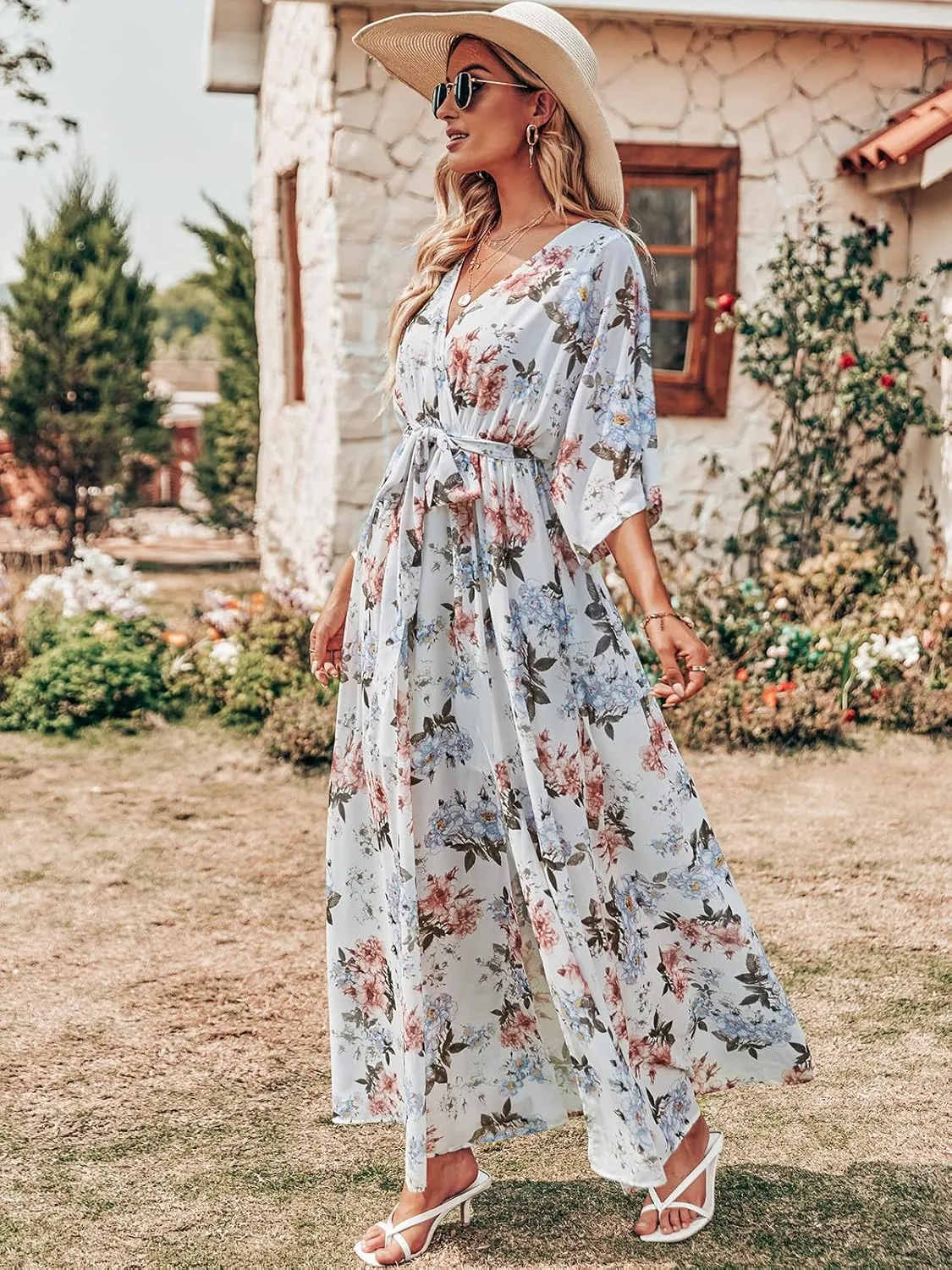 ANRABESS Women’s Summer Loose Boho Flowy Wrap V Neck 3/4 Sleeve Floral Print Slit Beach Wedding Guest Long Maxi Dresses