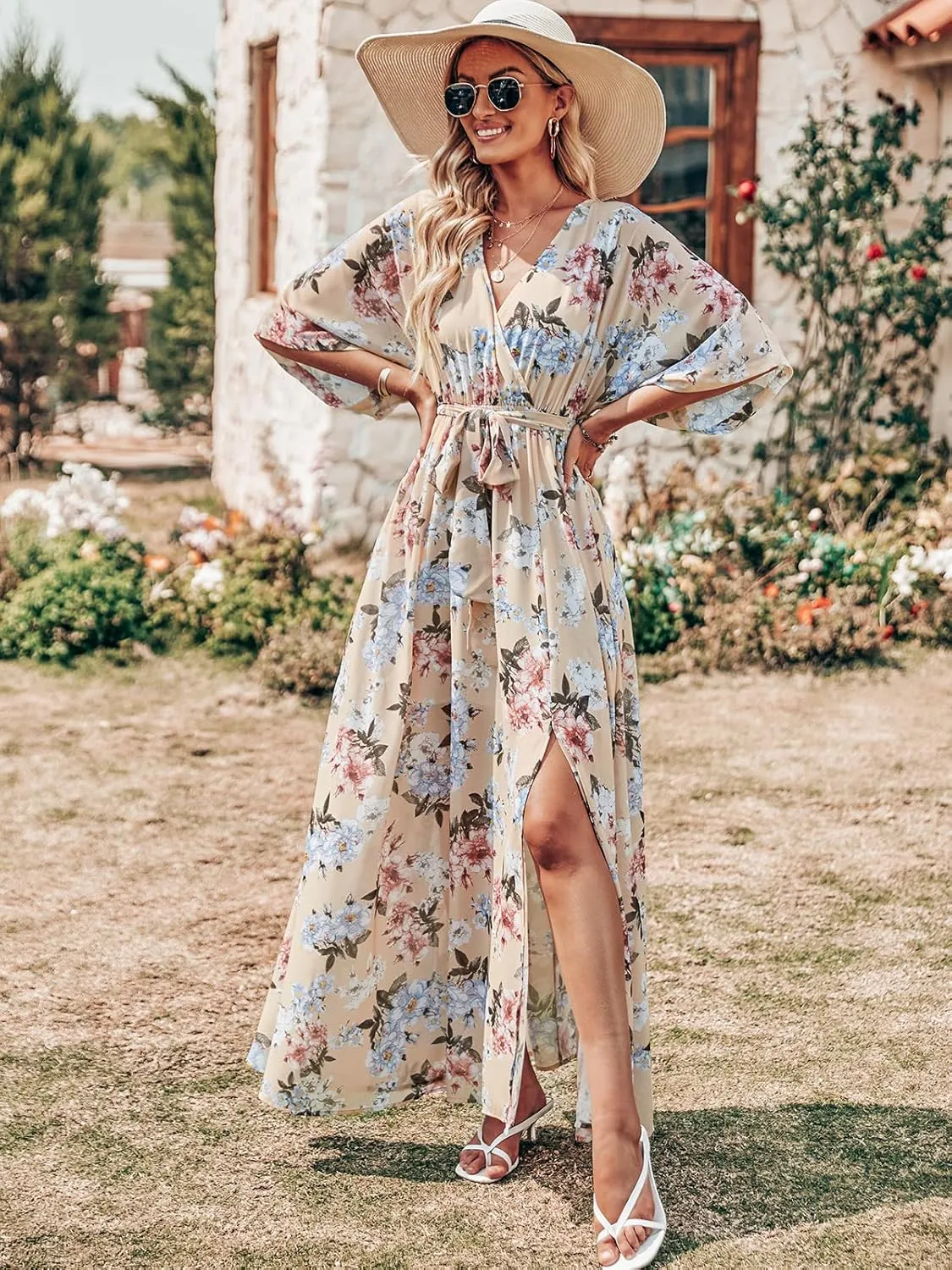 ANRABESS Women’s Summer Loose Boho Flowy Wrap V Neck 3/4 Sleeve Floral Print Slit Beach Wedding Guest Long Maxi Dresses
