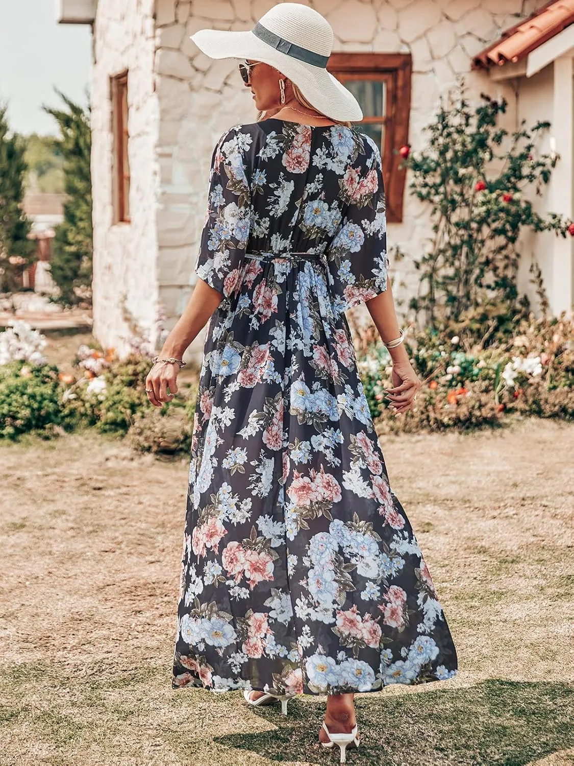 ANRABESS Women’s Summer Loose Boho Flowy Wrap V Neck 3/4 Sleeve Floral Print Slit Beach Wedding Guest Long Maxi Dresses