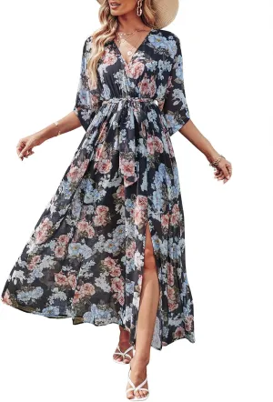 ANRABESS Women’s Summer Loose Boho Flowy Wrap V Neck 3/4 Sleeve Floral Print Slit Beach Wedding Guest Long Maxi Dresses