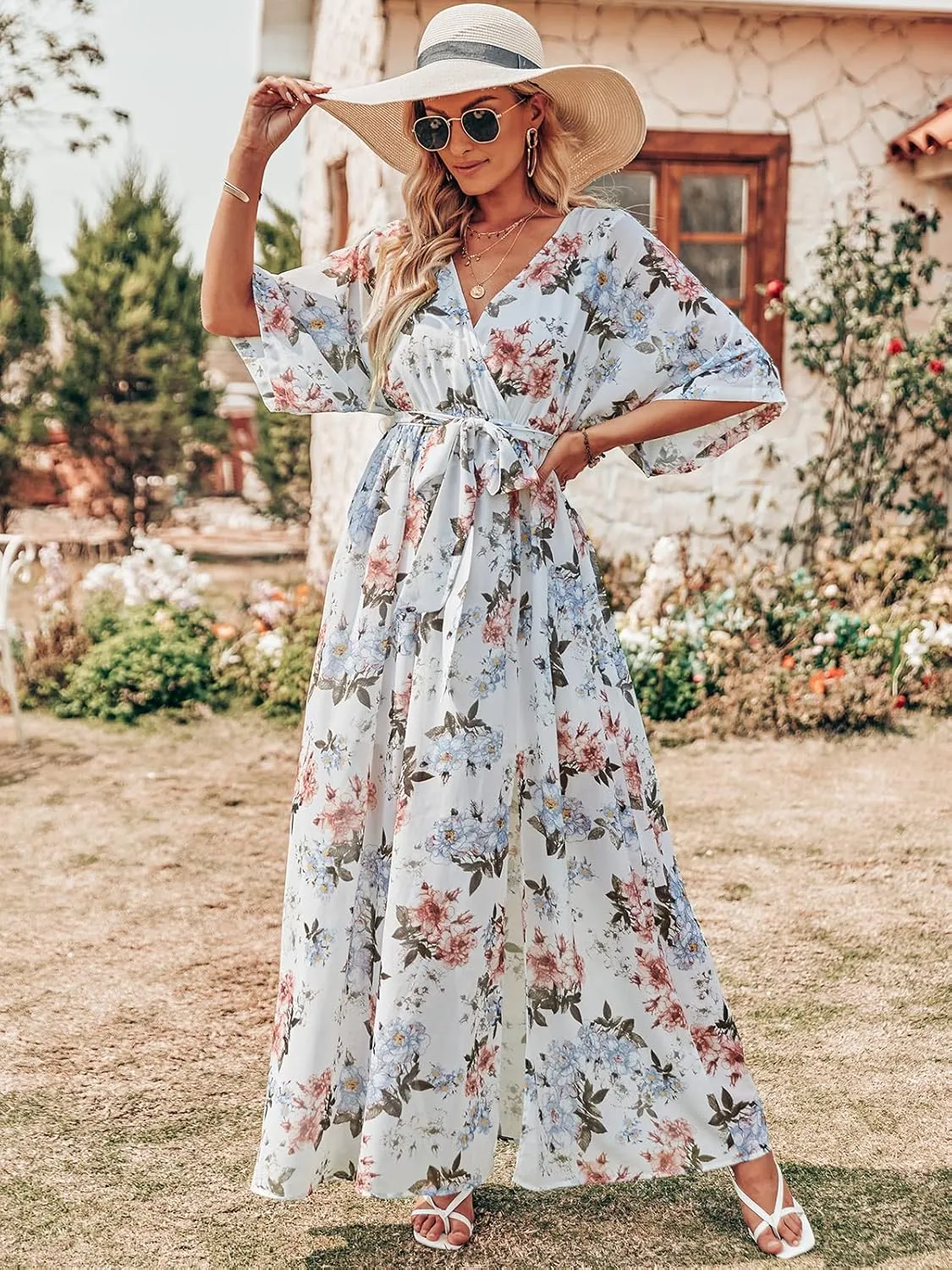 ANRABESS Women’s Summer Loose Boho Flowy Wrap V Neck 3/4 Sleeve Floral Print Slit Beach Wedding Guest Long Maxi Dresses