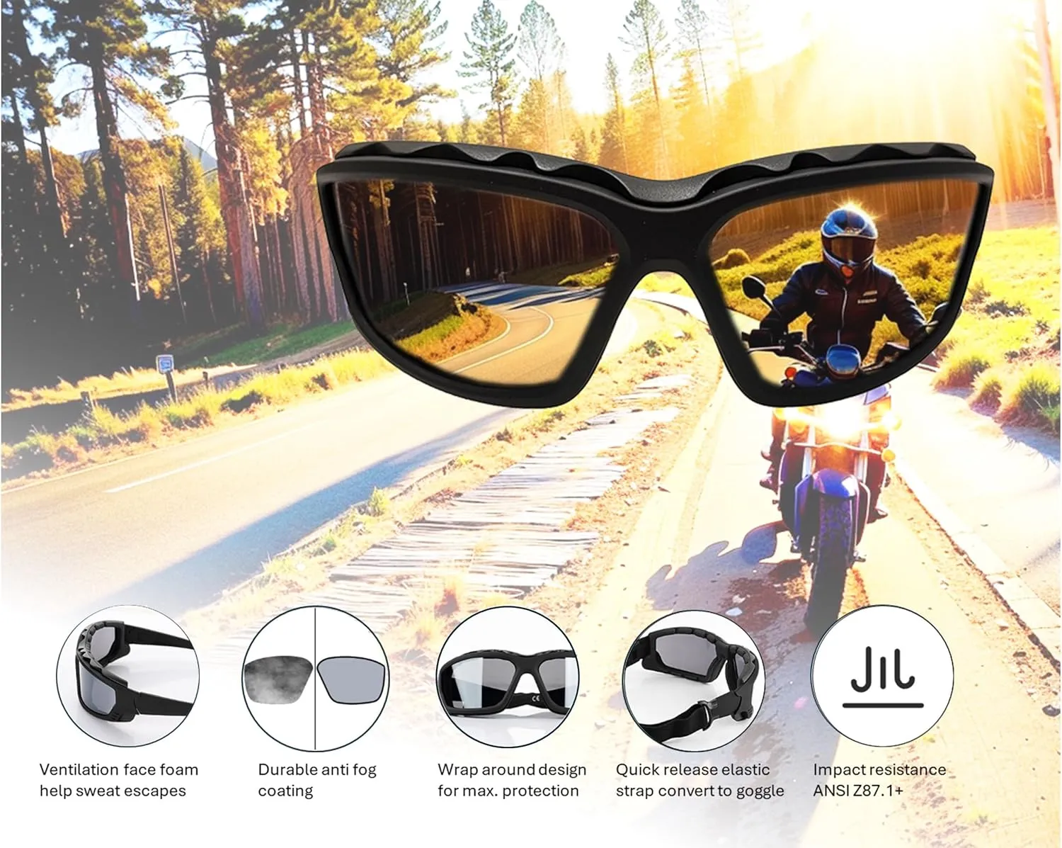Anti-Fog Safety Motorcycle Riding Sunglasses Foam padded Goggle, Dustproof, Windproof, Hunting, Hiking, Golfing