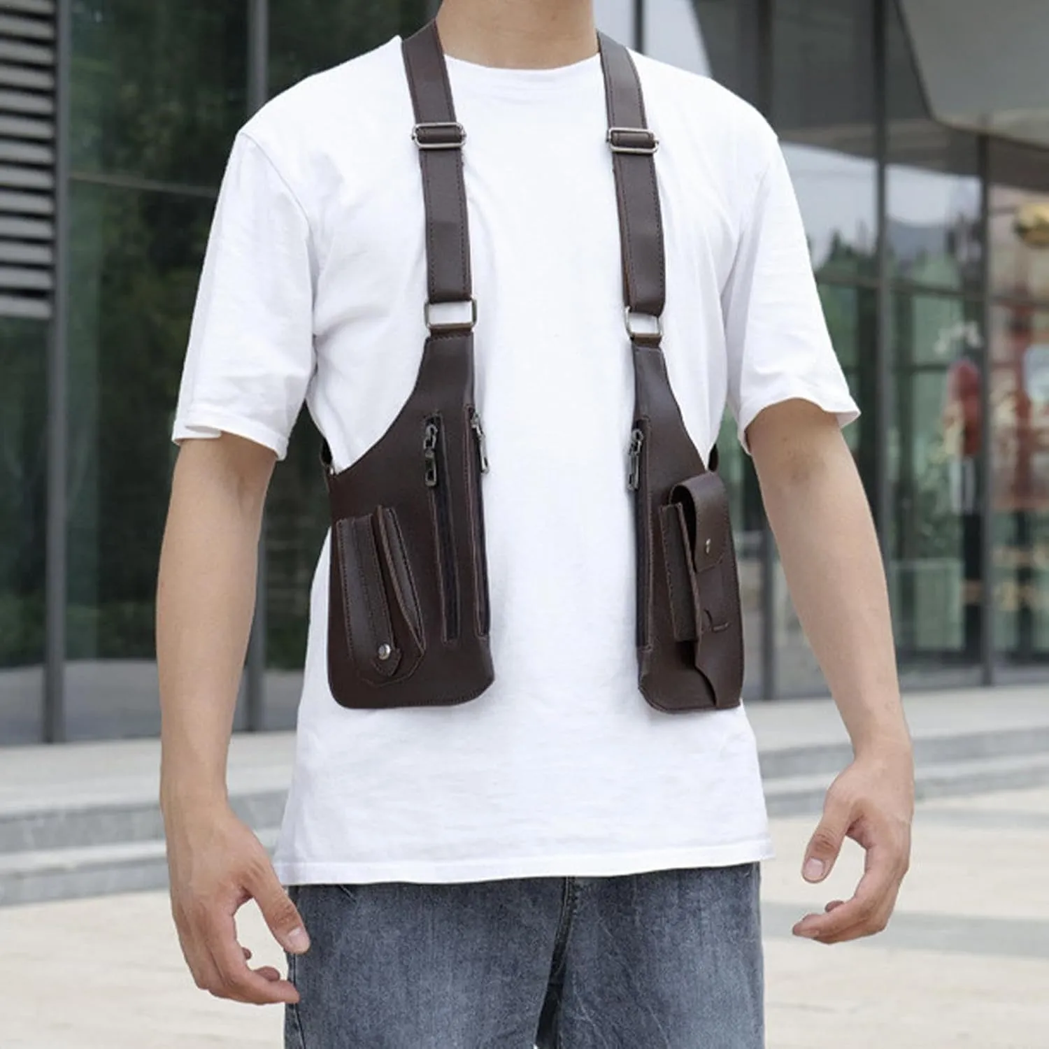 anti theft multi pocket bag for men,Adjustable Leather Shoulder Bag For Men | PU double shoulder armpit bag, double shoulder