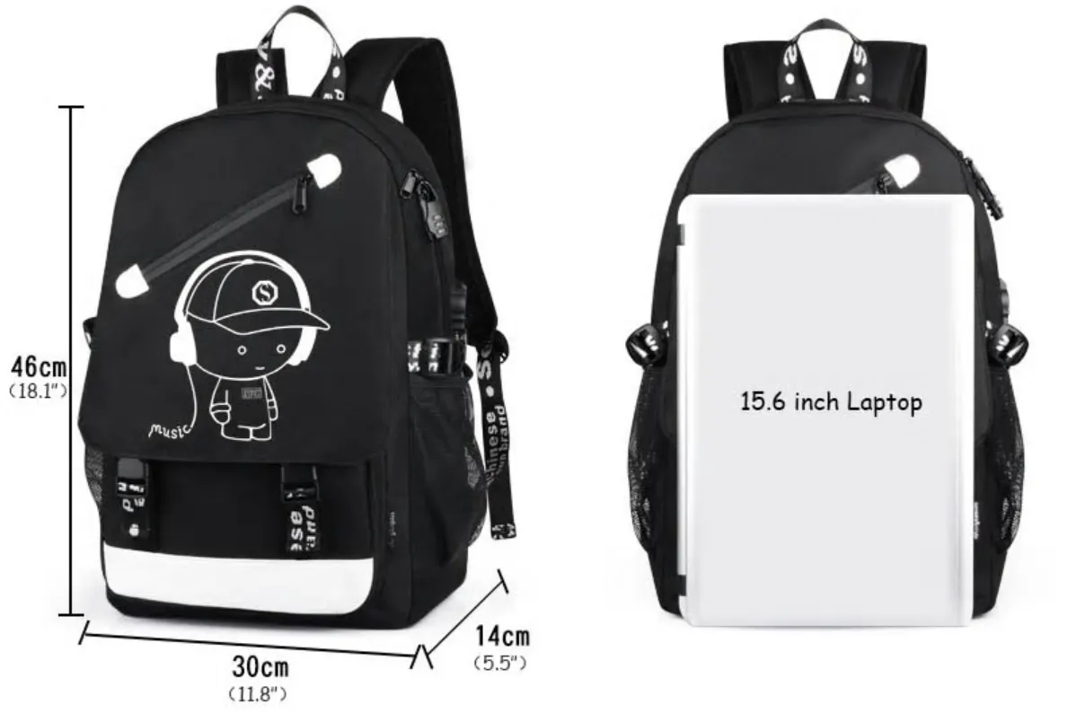 Anti-Theft School Backpack with USB Charging Port with Anime Cartoon Luminous