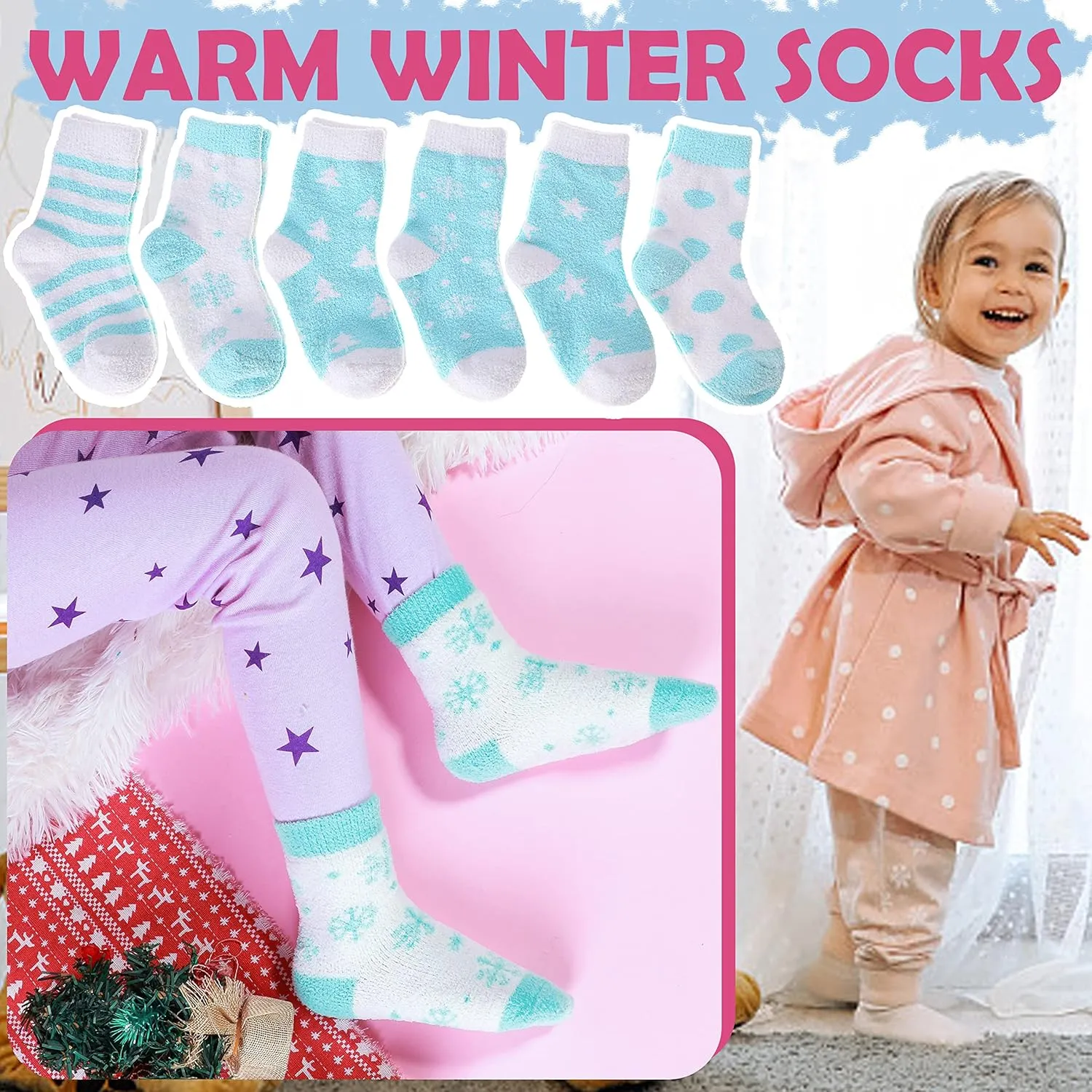 ANTSANG Kids Girls Toddlers Fuzzy Socks with Grips Non Slip Slipper Socks Fluffy Cozy Cabin Plush Warm Crew Socks 6 Pack