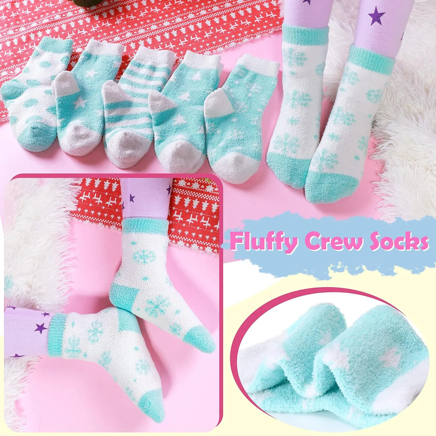 ANTSANG Kids Girls Toddlers Fuzzy Socks with Grips Non Slip Slipper Socks Fluffy Cozy Cabin Plush Warm Crew Socks 6 Pack