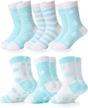 ANTSANG Kids Girls Toddlers Fuzzy Socks with Grips Non Slip Slipper Socks Fluffy Cozy Cabin Plush Warm Crew Socks 6 Pack