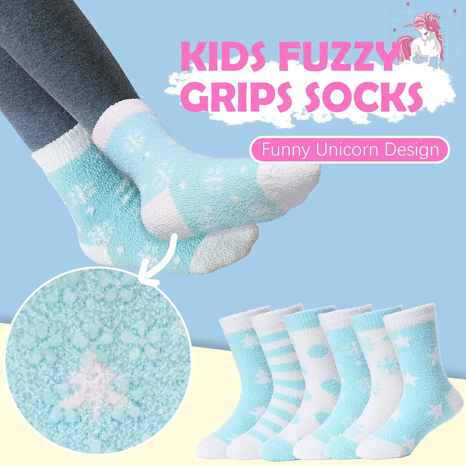 ANTSANG Kids Girls Toddlers Fuzzy Socks with Grips Non Slip Slipper Socks Fluffy Cozy Cabin Plush Warm Crew Socks 6 Pack
