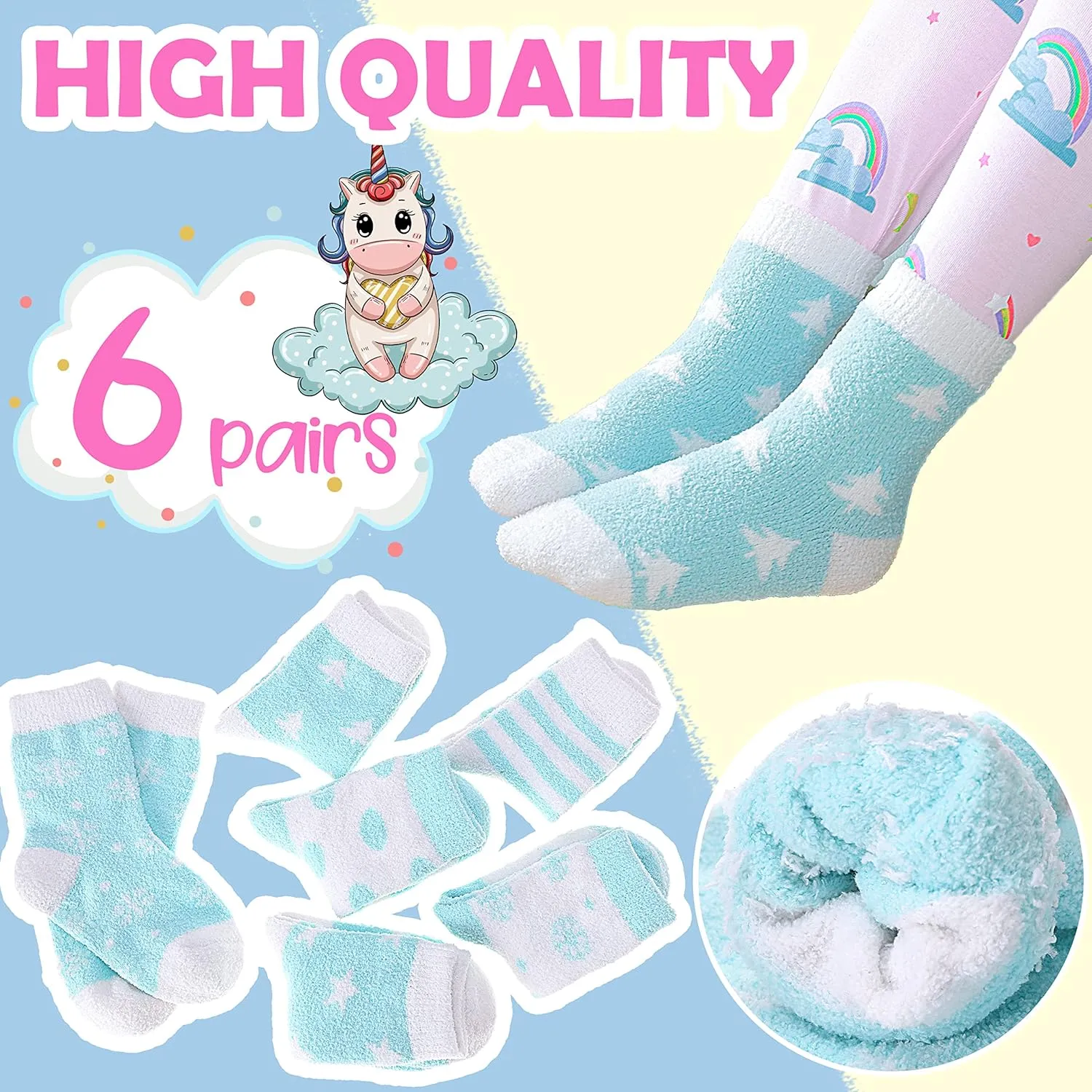 ANTSANG Kids Girls Toddlers Fuzzy Socks with Grips Non Slip Slipper Socks Fluffy Cozy Cabin Plush Warm Crew Socks 6 Pack