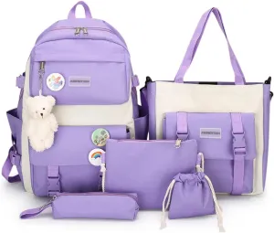 AONUOWE 5pcs Aesthetic Backpack Set for School Teens Girls Daypack Cute Trendy Large Capacity Preppy Shoulder Bag (Purple)