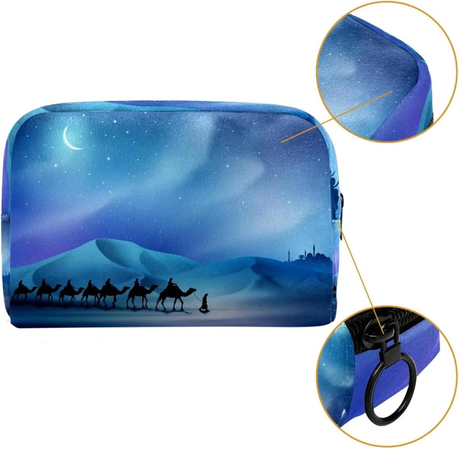 Arabian and Camel on Desert Islamic Background Cosmetic Makeup Bags, Small Travel Zipper Pouch Portable Toiletry Bag Makeup Organizer for Women Teen Girls