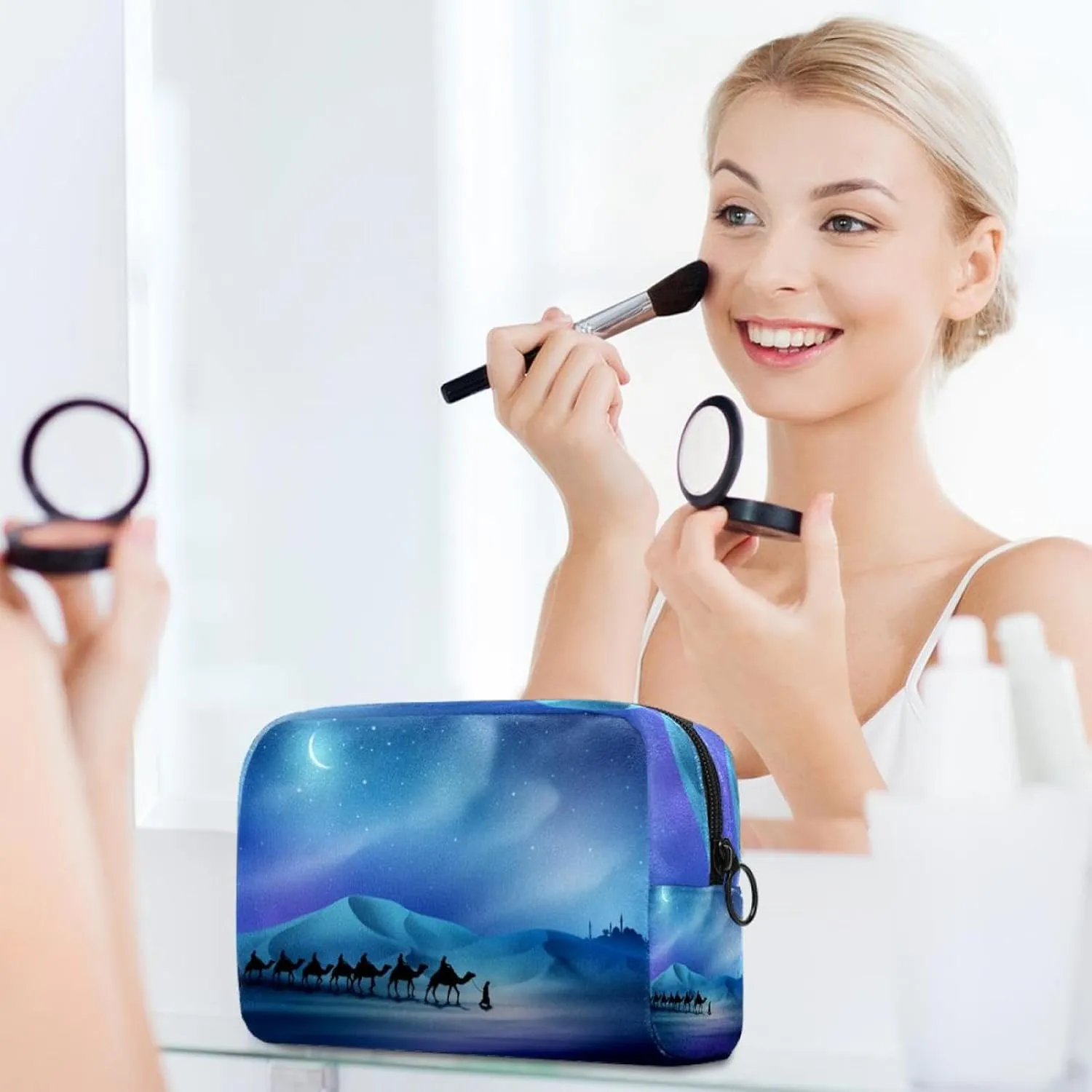Arabian and Camel on Desert Islamic Background Cosmetic Makeup Bags, Small Travel Zipper Pouch Portable Toiletry Bag Makeup Organizer for Women Teen Girls